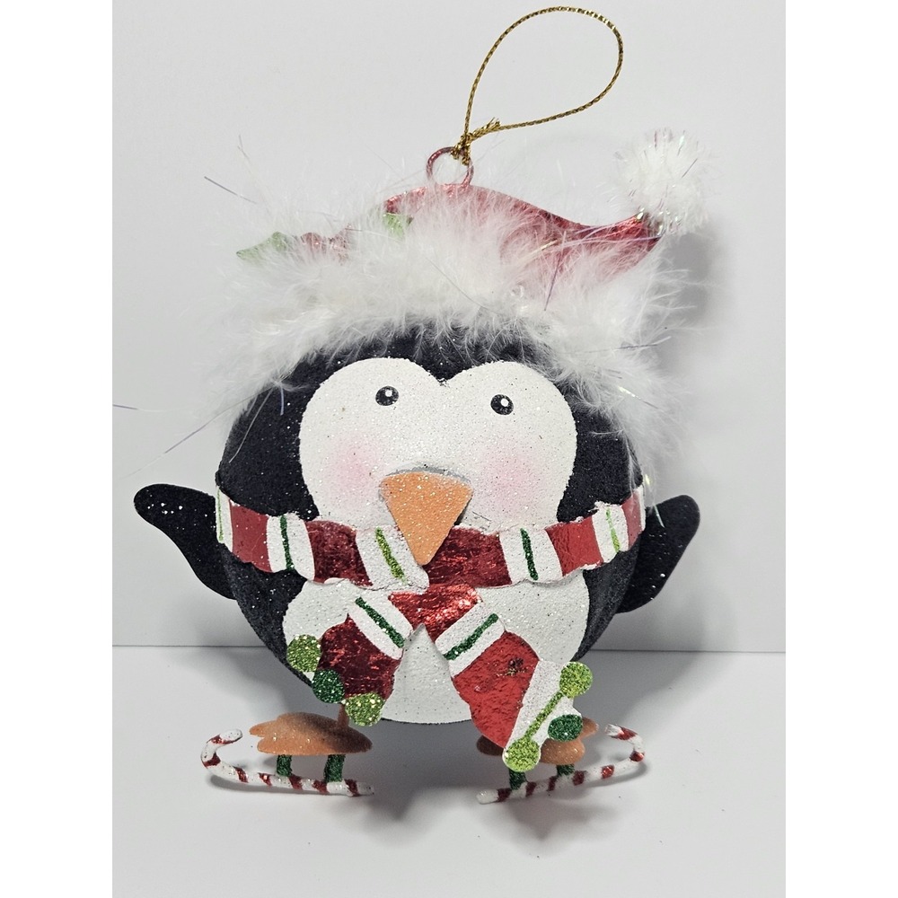 Pier 1 Imports Glitter‎ Penguin Ball Ice Skates Christmas Ornament Fluffy Santa
